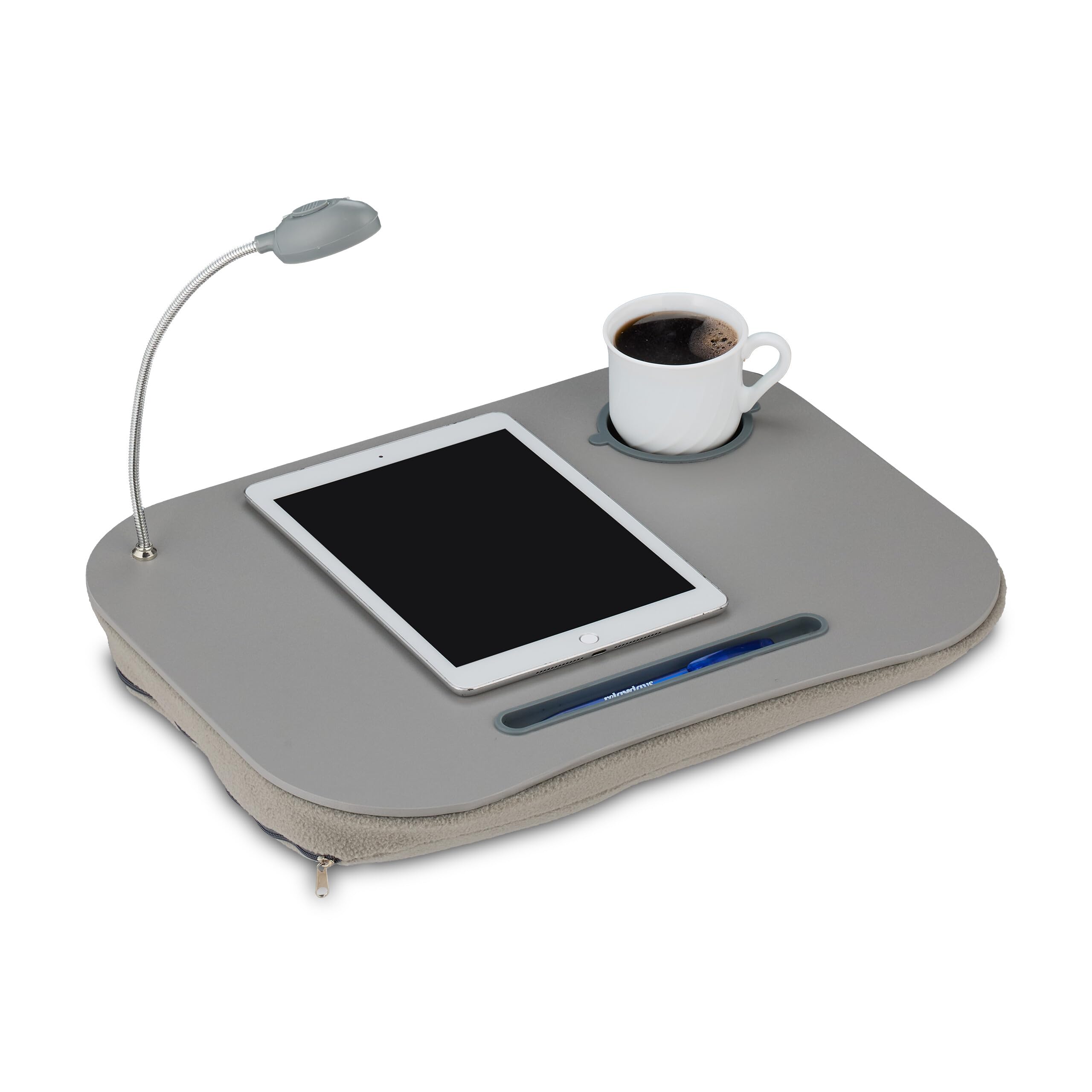 Relaxdays Laptopkissen, LED-Licht, tragbar, flacher Lapdesk, mit Getränkehalter, weiches kleines Schosstablett, grau