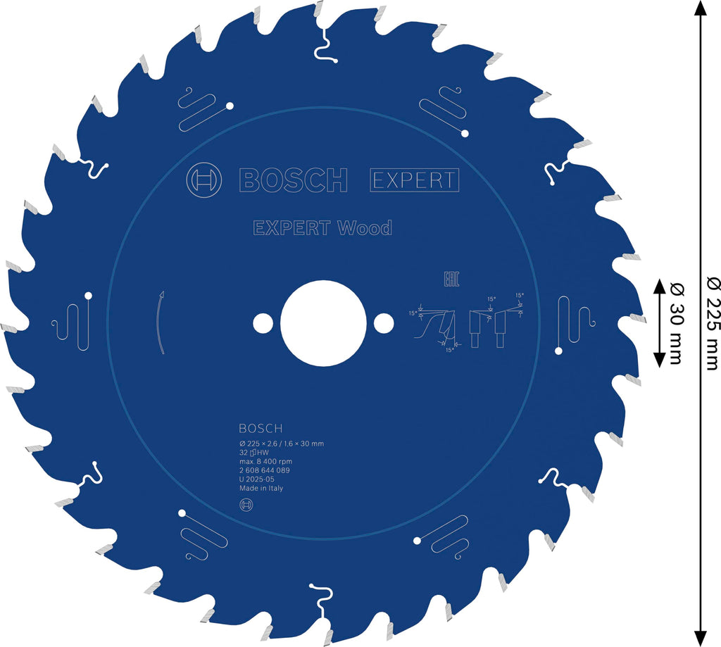 Bosch Professional 1x Kreissägeblatt Expert for Wood (Holz, Sägeblatt Ø 225 x 30 x 2,6 mm, 32 Zähne, Zubehör Kreissäge)