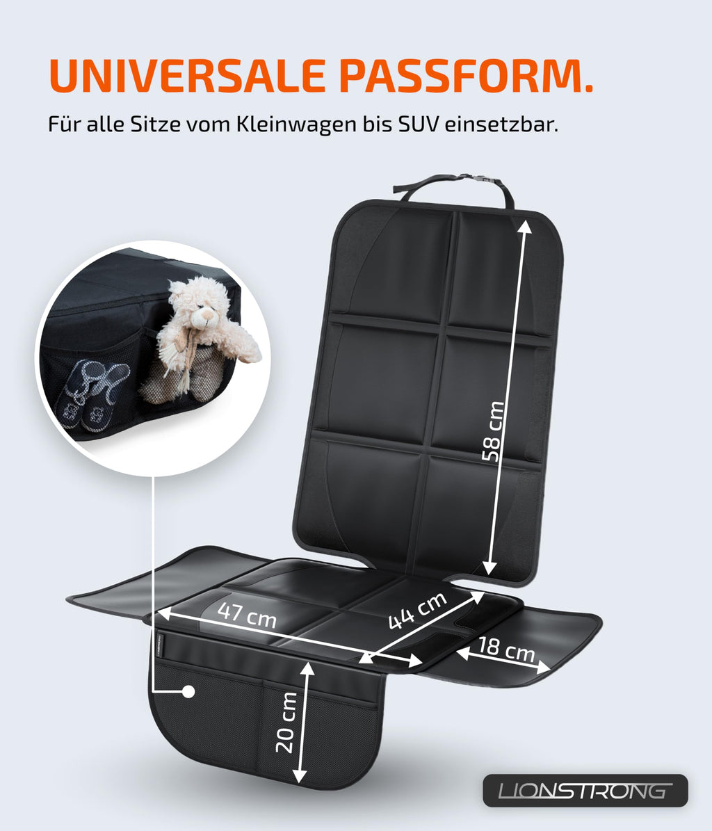 LIONSTRONG® Kindersitzunterlage Autositzschoner [ISOFIX GEEIGNET] - wasserabweisender Polyester Stoff schwarz - Sitzschutz Sitzschoner Auto Kindersitz - universell kompatibel (Schwarz)
