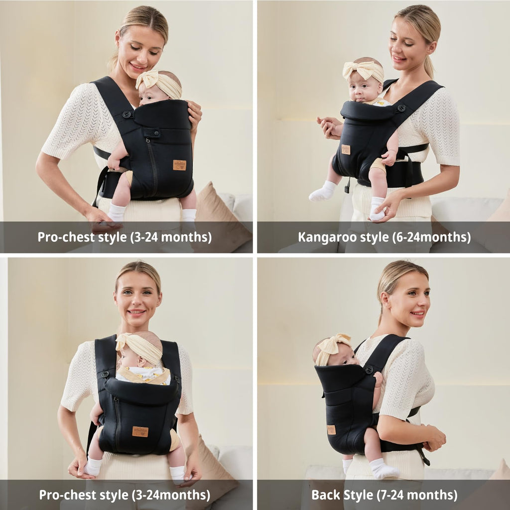 vrbabies Babytrage für Neugeborene ab Geburt,Ergonomische,mit Verstellbarer Gürtel,Baby Bauchtrage Rückentrage,Leicht＆Atmungsaktiv-4-15kg(Schwarz - mit Gürtel)
