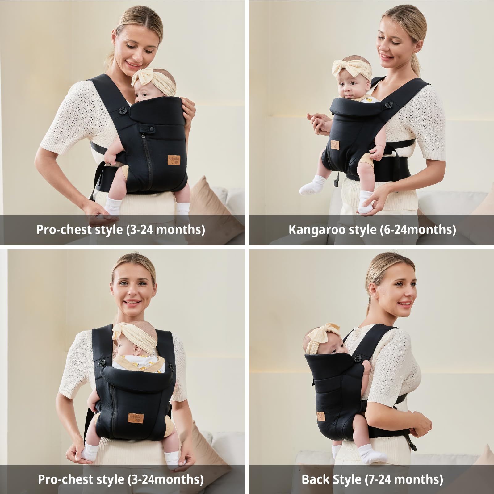 vrbabies Babytrage für Neugeborene ab Geburt,Ergonomische,mit Verstellbarer Gürtel,Baby Bauchtrage Rückentrage,Leicht＆Atmungsaktiv-4-15kg(Schwarz - mit Gürtel)
