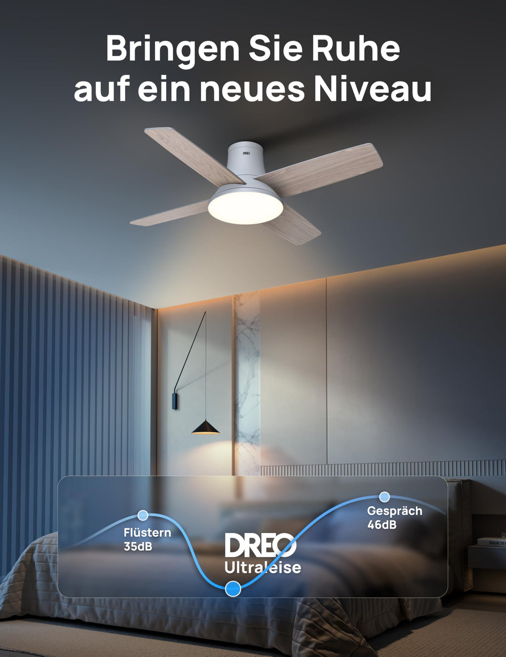 Dreo Ceiling Fan with Light and Remote Control, 44 Inch Flat Black Reversible 5CC 6 Level Dimmable 6 Speeds Quiet Timer Easy Assembly for Bedroom