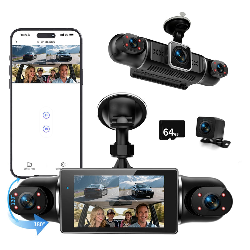 360° Dashcam Auto Vorne Hinten 4 Kanal Dash Cam Auto Kamera FHD 2K+1080Px3,4×140° Weitwinkel,WDR-Nachtsicht (8 IR-LEDs), 3" IPS Display,G-Sensor,24/7 Parkmodus,Loop-Aufnahme, inkl. 64GB SD-Karte, App