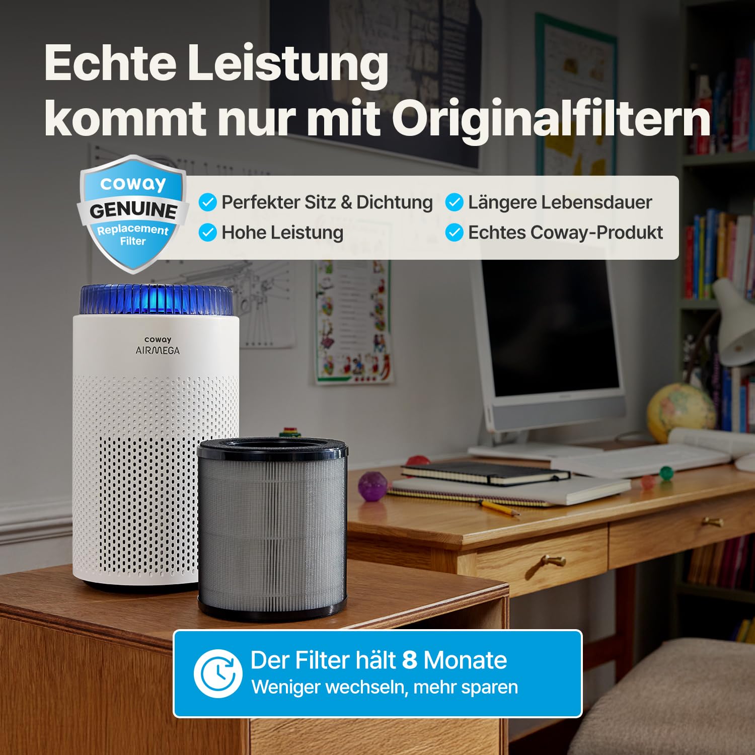 COWAY Luftreiniger Allergiker für Schlafzimmer & kleine Räume, leiser Luftreiniger mit 18,4 dB, CADR 120,1 m³/h, Mood Light, Automatik gegen Pollen, Staub, Tierhaare & Rauch, AIRMEGA 50