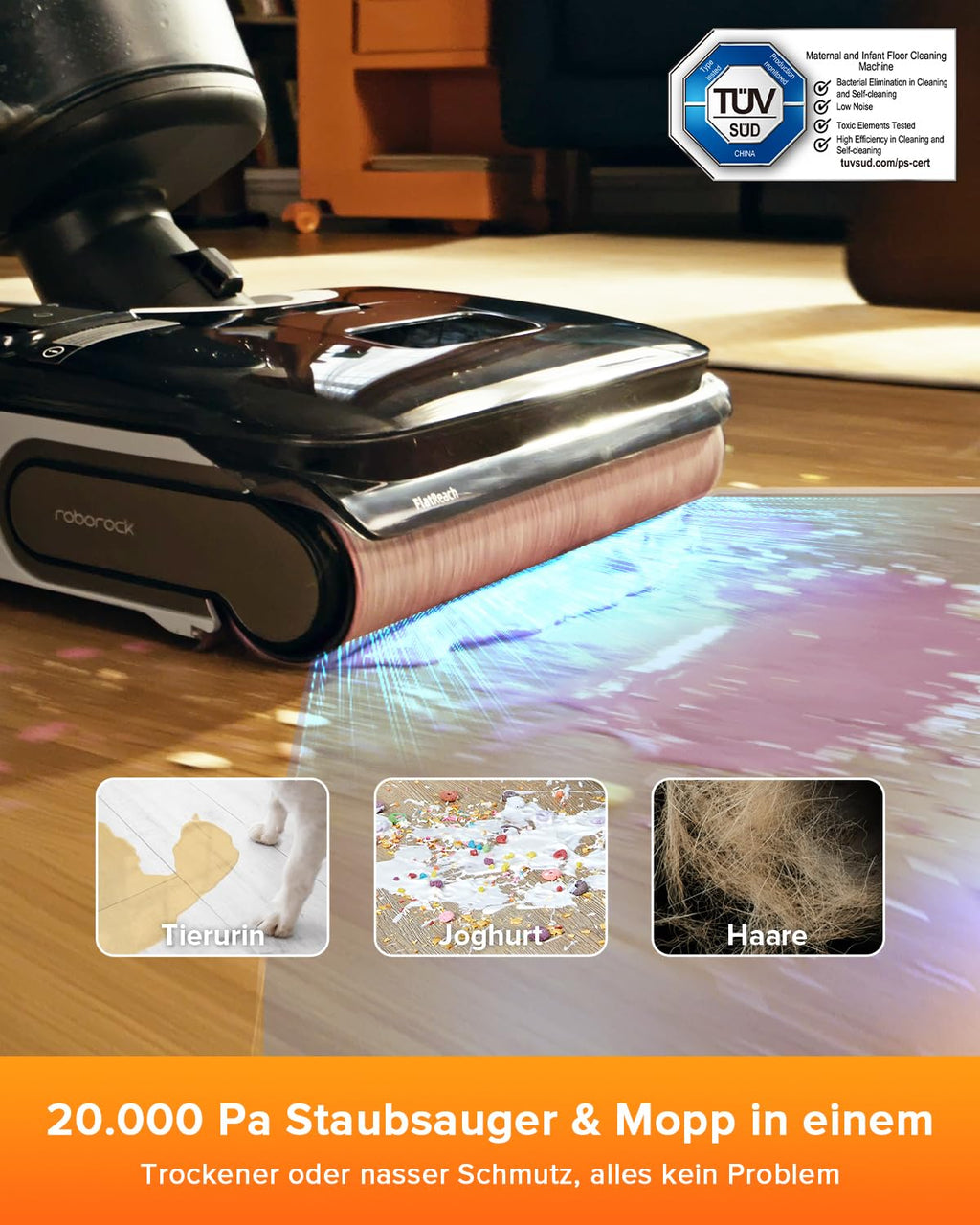 roborock F25 LT Nass Trockensauger, 180° Lay-Flat Saugwischer, 20.000 Pa Staubsauger, 90°C 5 Min Hochtemperatur Selbstreinigung & und schnelle Heißlufttrocknung, 60 Min Laufzeit, Wischsauger Kabellos