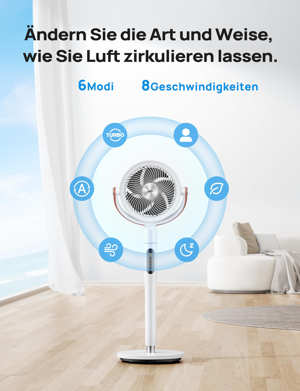 Dreo 25dB leiser Smart Standventilator, 30M Windentfernung 1650m³/h Luftvolume Turbo-Luftzirkulator 110CM Höhe 6 Modi 8-Geschwindigkeit 120°+105° Omni-direktional oszillierend Ventilator, PolyFan 513S