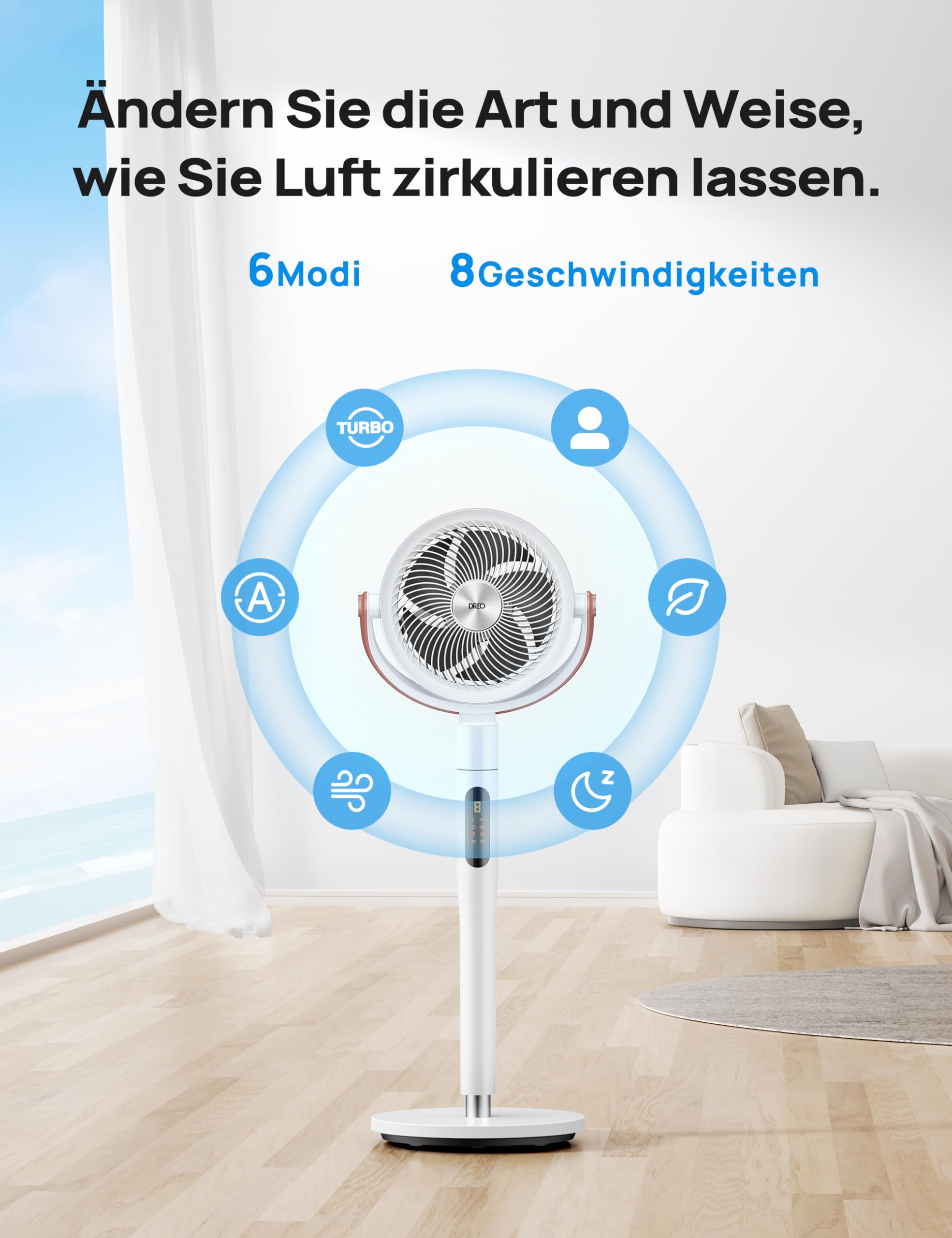 Dreo 25dB leiser Smart Standventilator, 30M Windentfernung 1650m³/h Luftvolume Turbo-Luftzirkulator 110CM Höhe 6 Modi 8-Geschwindigkeit 120°+105° Omni-direktional oszillierend Ventilator, PolyFan 513S