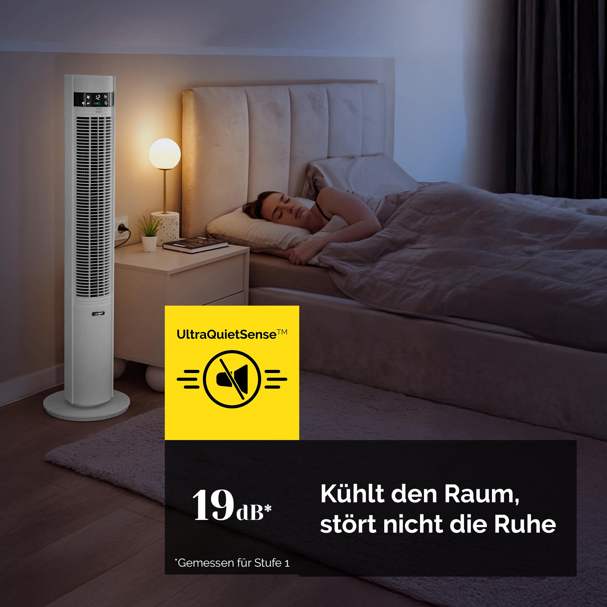 YOER 19dB Leiser Turmventilator, Plasma-Ionisator, 12 m Reichweite, 12 Geschwindigstufen, 3 Modi, 12 Std. Timer, 80° Oszillation, Fernbedienung, CoolWhisper TF07W, weiß