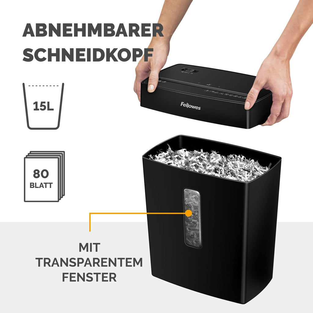 Fellowes Aktenvernichter, Papierschredder für 8 Blatt Partikelschnitt, Aktenvernichter P4, Schredder für Zuhause und Homeoffice, 15L Papierkorb, verarbeitet Kreditkarten, Heftklammern, Schwarz