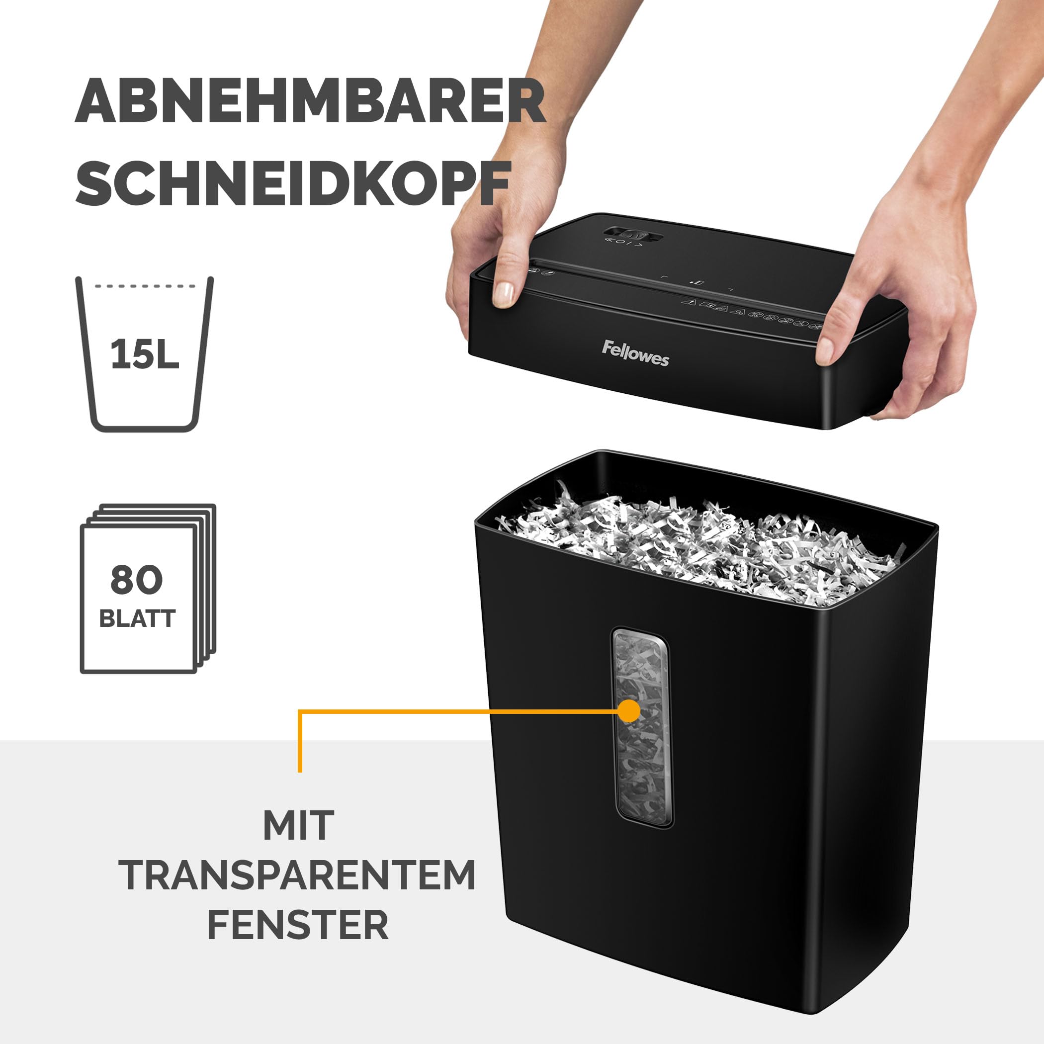 Fellowes Aktenvernichter, Papierschredder für 8 Blatt Partikelschnitt, Aktenvernichter P4, Schredder für Zuhause und Homeoffice, 15L Papierkorb, verarbeitet Kreditkarten, Heftklammern, Schwarz