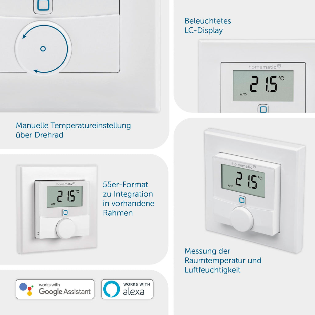 Homematic IP Smart Home Wandthermostat mit Luftfeuchtigkeitssensor, digitales Thermostat Heizkörper/Fußbodenheizung mit App, Temperaturmessung, Energie sparen, 156669A0