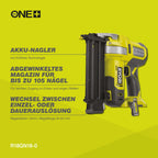 RYOBI 18 V ONE+ Akku-Nagler R18GN18-0, Nagelstärke 1,2 Mm, Magazinkapazität 105 St., werkzeuglose Tiefeneinstellung, ohne Akku & Ladegerät