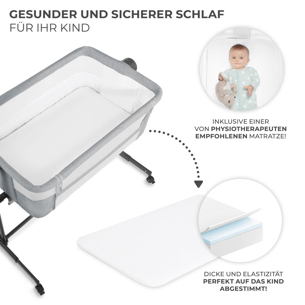 Kinderkraft Neste UP2 Beistellbett 2 in 1, Kinderreisebett mit Matratze Laken, 5-stufige Matratzenhöhenverstellung, 4 Rädern mit Bremse, Weichen Material, Leichte Konstruktion, Grau