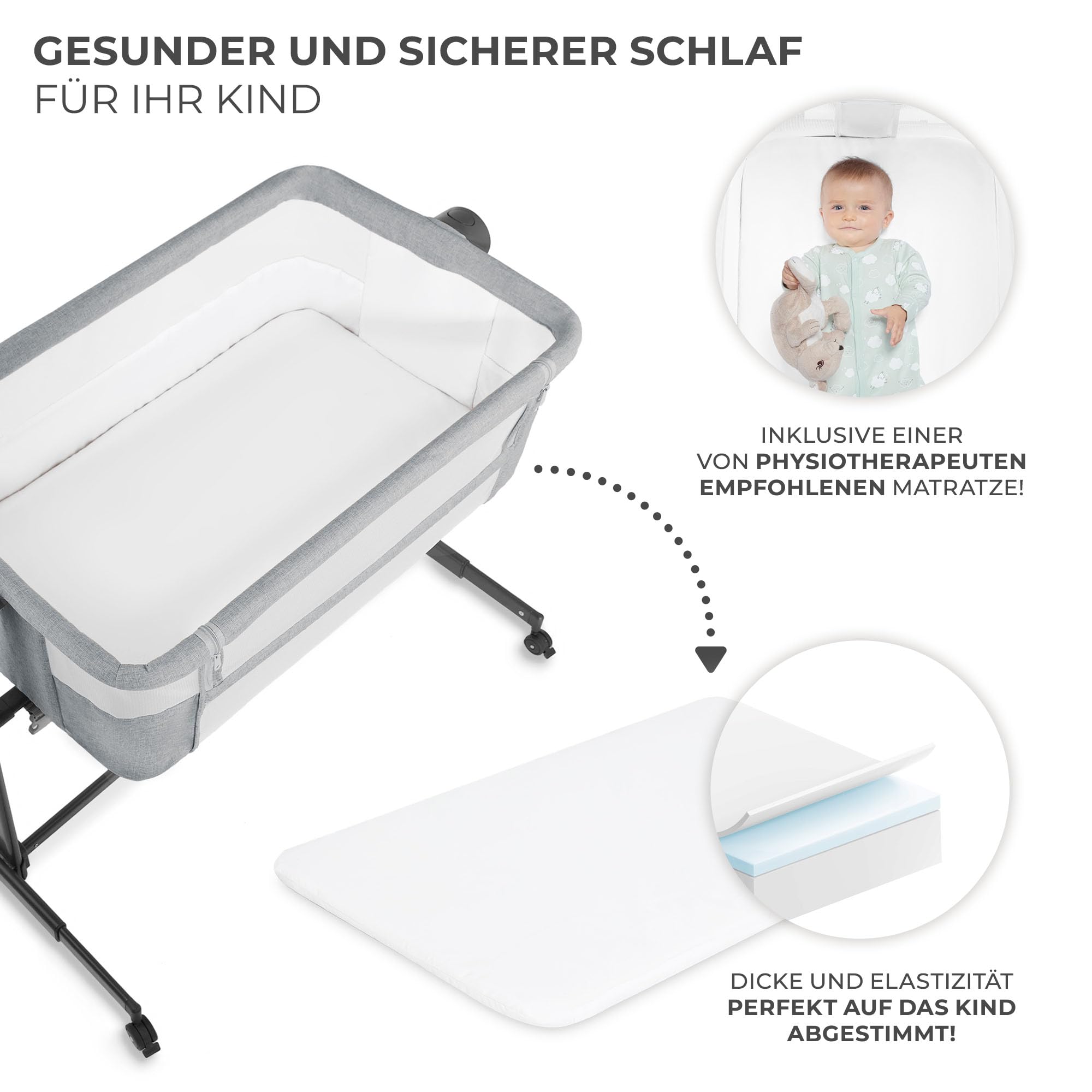 Kinderkraft Neste UP2 Beistellbett 2 in 1, Kinderreisebett mit Matratze Laken, 5-stufige Matratzenhöhenverstellung, 4 Rädern mit Bremse, Weichen Material, Leichte Konstruktion, Grau