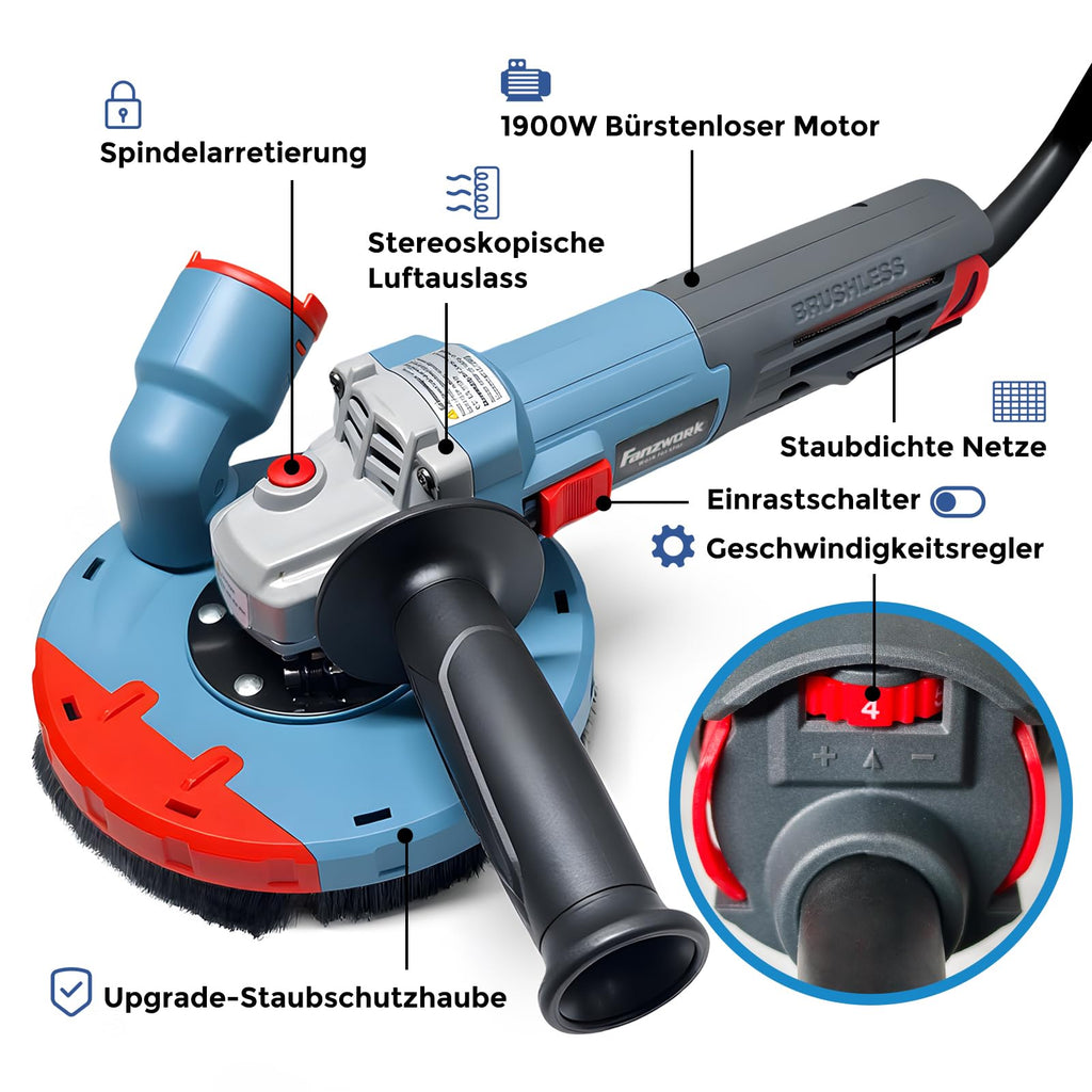 FANZWORK 1500W Betonschleifer Winkelschleifer Set mit Bürstenloser EC-Motor, Betonfräse mit 150mm Diamantschleiftopf *1, Absaughaube *1, Tragbox *1, Präzises & Wartungsfreies Schleifen