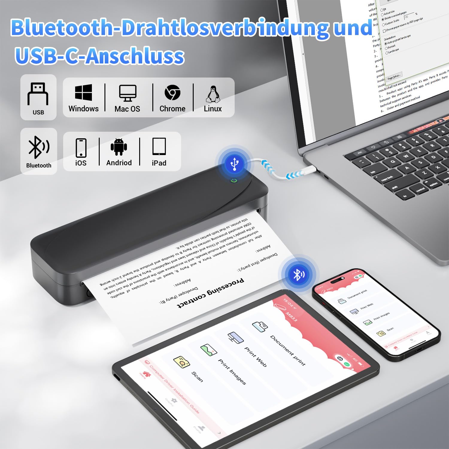 Phomemo M833 Thermodrucker A4 für Unterwegs, Kabelloser Tragbarer Drucker 300DPI, Mobiler Drucker für Rechnungen, Studium, Zuhause, Geschäft, Schule, Kompatibel mit iOS, Android und PC, Schwarz
