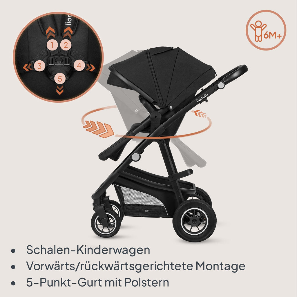 LIONELO BIANKA Kinderwagen 3 in 1 bis 22 kg Babywanne Autositz, Zusammenlegbar, Reise-System, Einstellung der Rückenlehne, Räder 360 Stoßdämpfer, Verdeck XXL