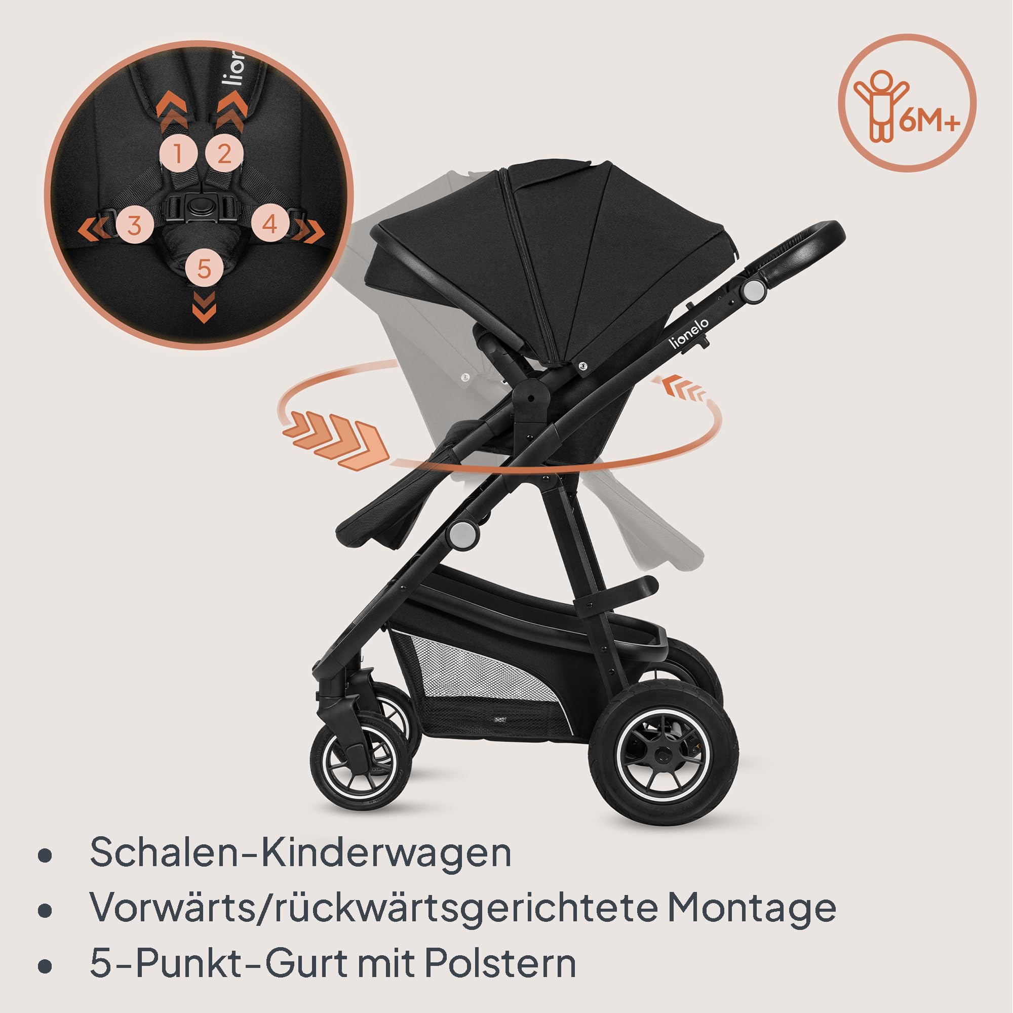 LIONELO BIANKA Kinderwagen 3 in 1 bis 22 kg Babywanne Autositz, Zusammenlegbar, Reise-System, Einstellung der Rückenlehne, Räder 360 Stoßdämpfer, Verdeck XXL