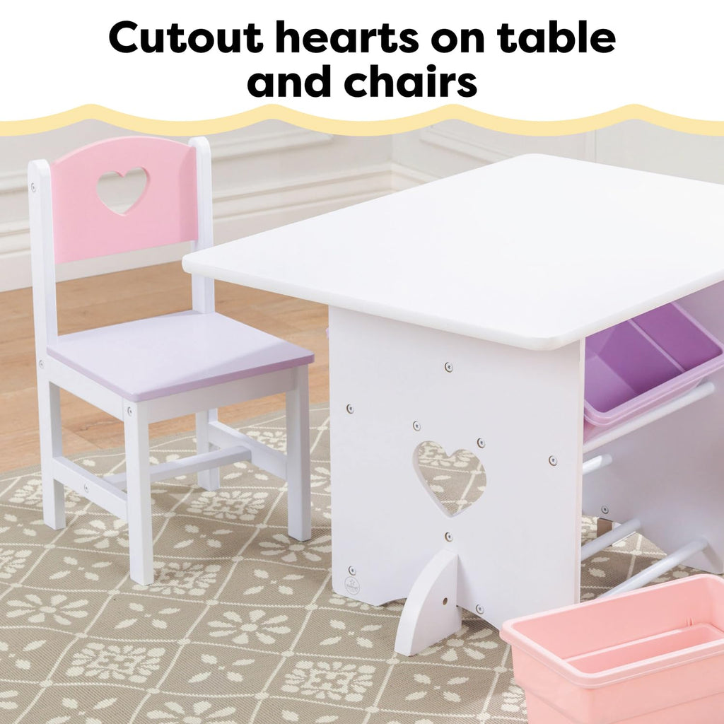 KidKraft Herz Kindertisch mit Stauraum und 2 Stühlen aus Holz - Kindersitzgruppe mit Aufbewahrungsbox, Kinder Tisch Stuhl Set, Kinderzimmer Möbel, 26913