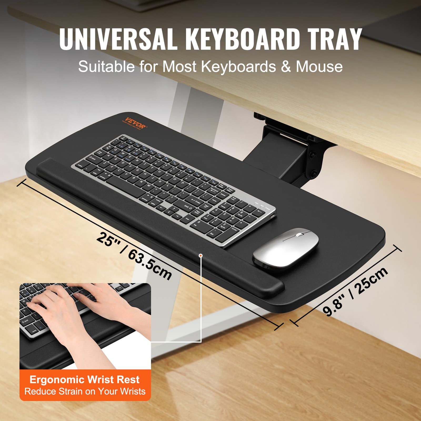 VEVOR Tastaturablage unter dem Schreibtisch, Große 250 x 635 mm, Höhenverstellbar 0-220 mm, Tastaturablage für Büro und zu Hause