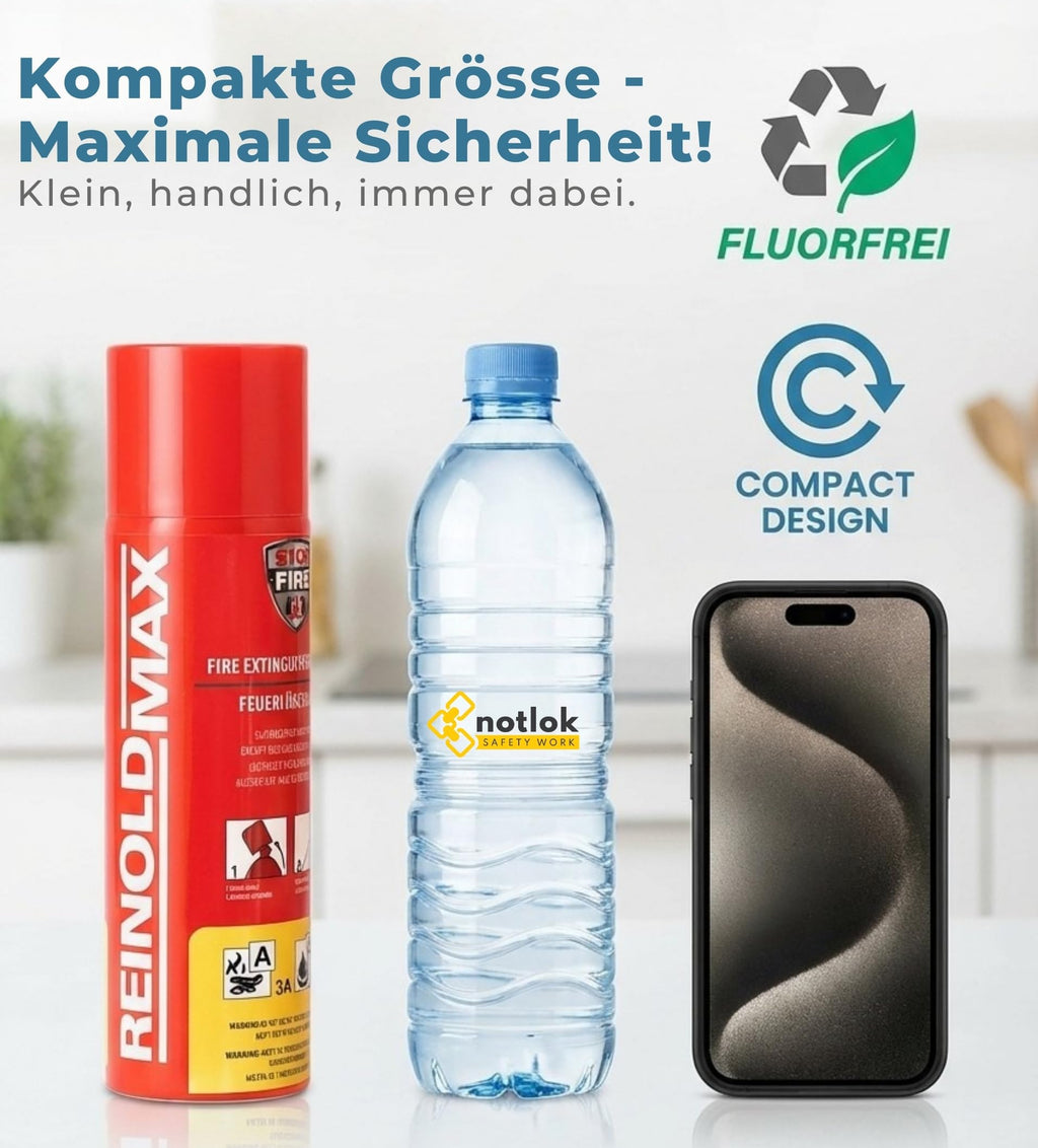 notlok Safety Work - 500g Feuerlöschspray fluorfrei | Hautfreundlicher Mini-Feuerlöscher-Schaum für Brände A F & E bis 1000 V | Klein Feuerlöscher für Zuhause & Auto