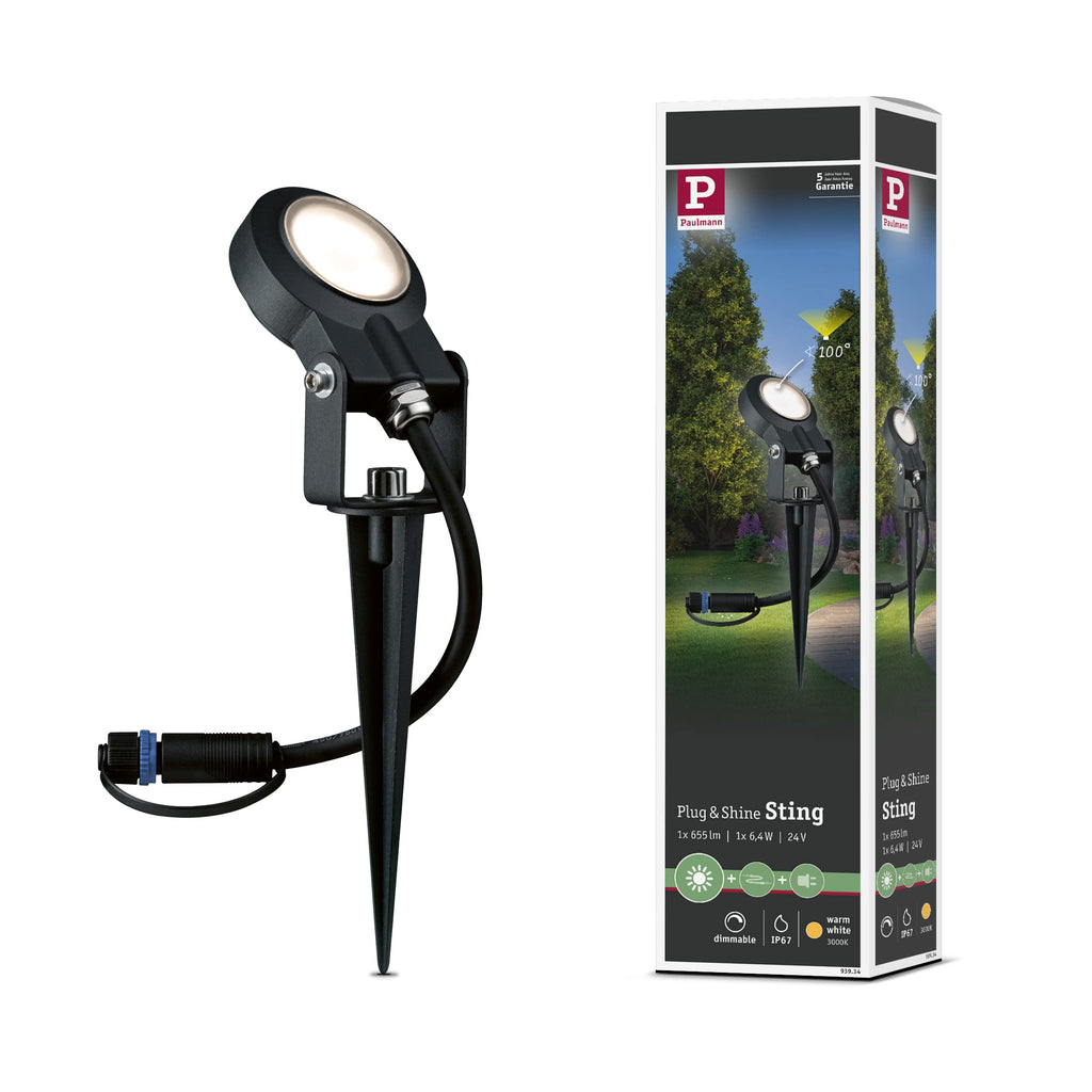 Paulmann 93934 Plug & Shine Spotlight Sting IP67 3000K 6W 24V Ausstrahlwinkel 100° 93934 LED Aussenbeleuchtung Erdspieß Gartenbeleuchtung