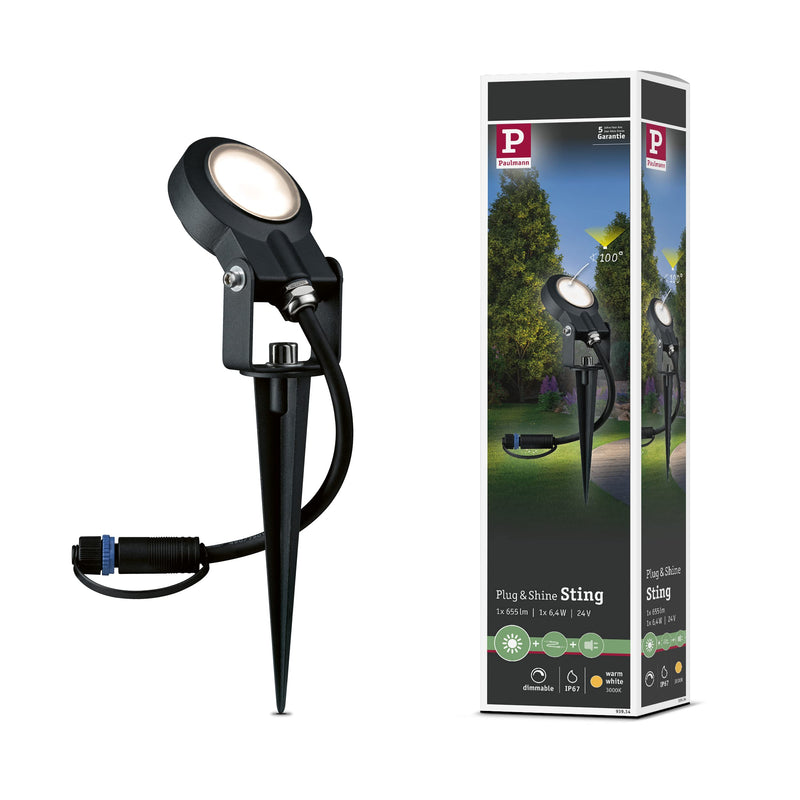 Paulmann 93934 Plug & Shine Spotlight Sting IP67 3000K 6W 24V Ausstrahlwinkel 100° 93934 LED Aussenbeleuchtung Erdspieß Gartenbeleuchtung