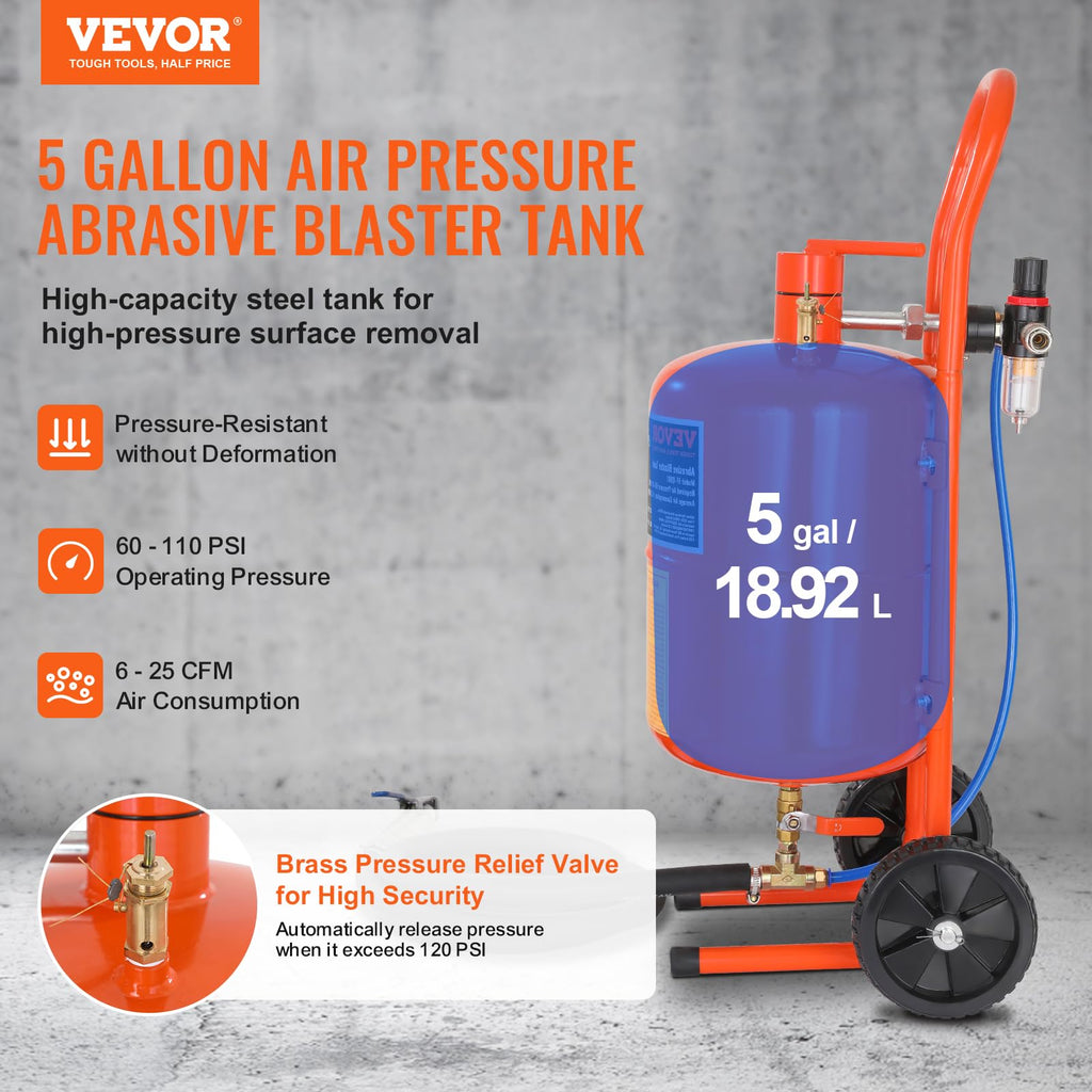 VEVOR Mobiles Sandstrahlgerät 18,92 L Sandstrahlanlage 243,84 cm ArbeitsschlauchSandstrahler 60–110 PSI Arbeitsdruck ideal zum Entfernen von Rost, Farbe, Flecken und das Polieren großer Flächen
