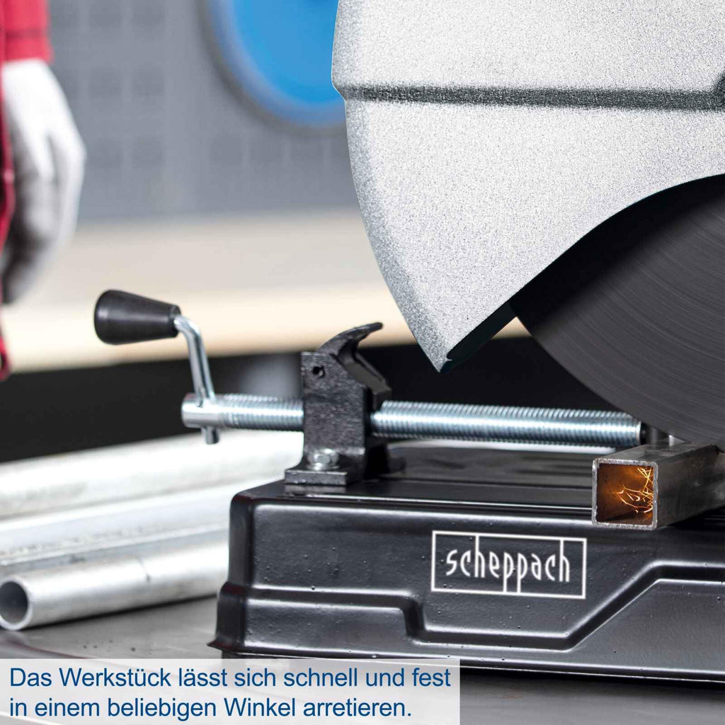 Scheppach Trennschneider MT150 Metallsäge Metall Kappsäge mit Softstart Gehrungssäge | Schnitthöhe max. 115mm | 2600W Leistung | 4200 min-1 | Trennscheibe Ø 355 x 25,4 mm | Neigungswinkel 0-45°