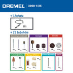 Dremel 3000 Multifunktionswerkzeug 130W, Set mit 1 Aufsatz, 25 Zubehörteilen, Variable Drehzahl 10.000-33.000 U/min zum Schneiden, Schleifen, Gravieren, Polieren, Schärfen, Reinigen, Schnitzen