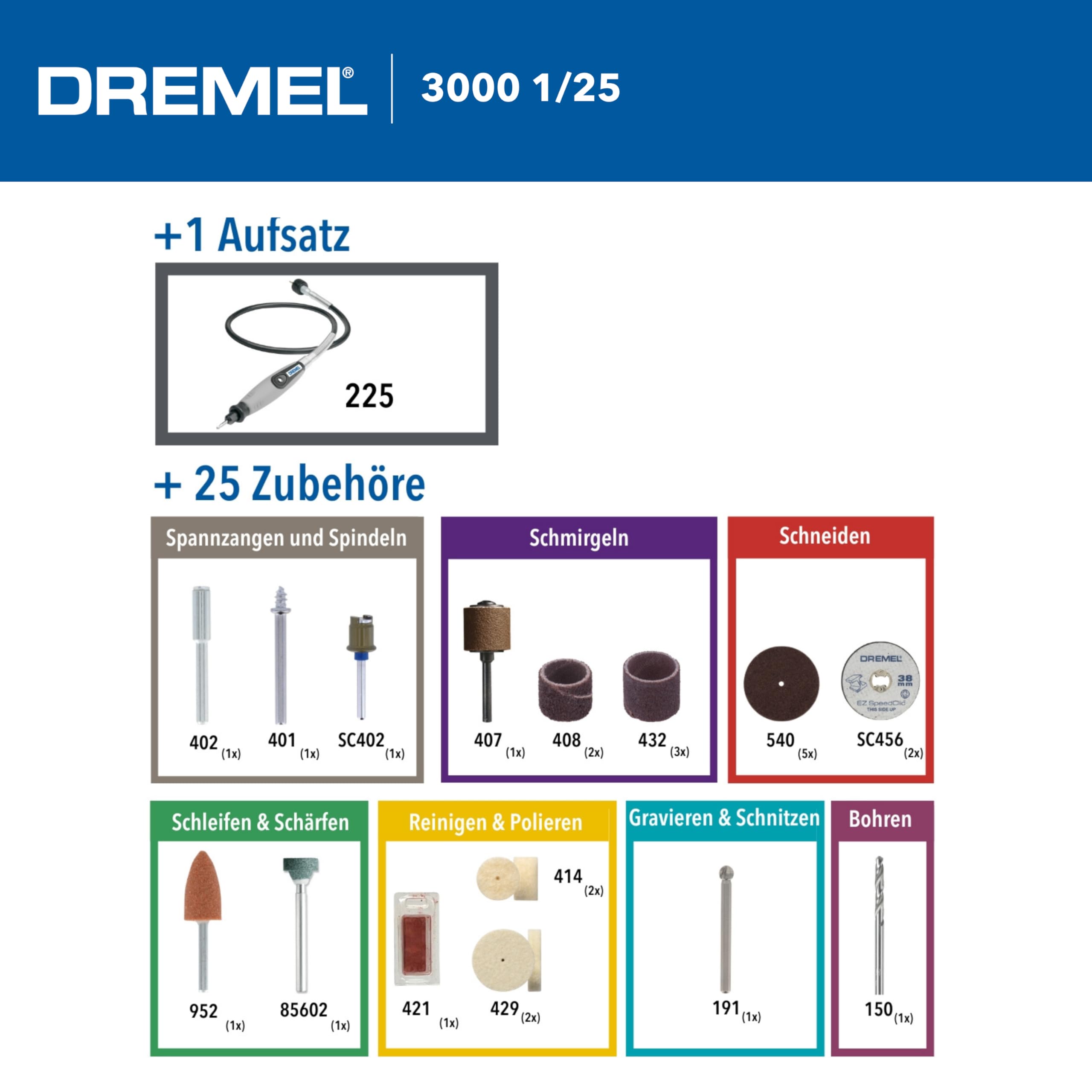 Dremel 3000 Multifunktionswerkzeug 130W, Set mit 1 Aufsatz, 25 Zubehörteilen, Variable Drehzahl 10.000-33.000 U/min zum Schneiden, Schleifen, Gravieren, Polieren, Schärfen, Reinigen, Schnitzen