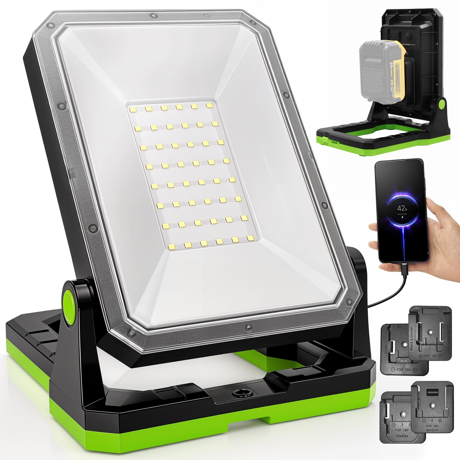 SYLSTAR Akku Baustrahler für 18-20V Akkus, 30W 3000LM Arbeitsleuchte LED Akku Lampe Kompatibel mit BOSCH Professional, Makita, DEWALT, Black&Decker, PorterCable, STANLEY und Milwaukee(nur Licht)