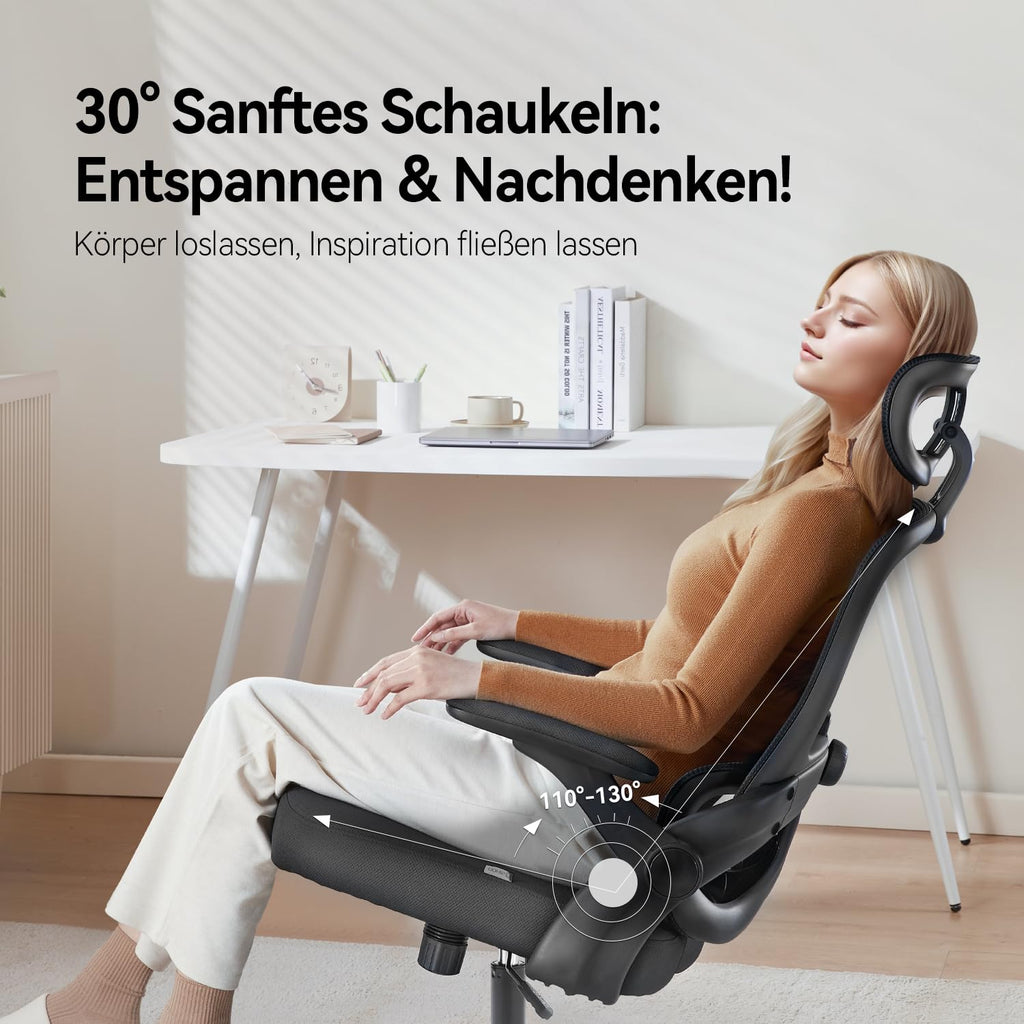 SIHOO M102C Bürostuhl Ergonomisch Schreibtischstuhl, Drehstuhl mit 3D-Armlehnen, Hohe Rückenlehne Lendenwirbelstütze Nach Oben und Unten, Höhenverstellung und Wippfunktion Schwarz