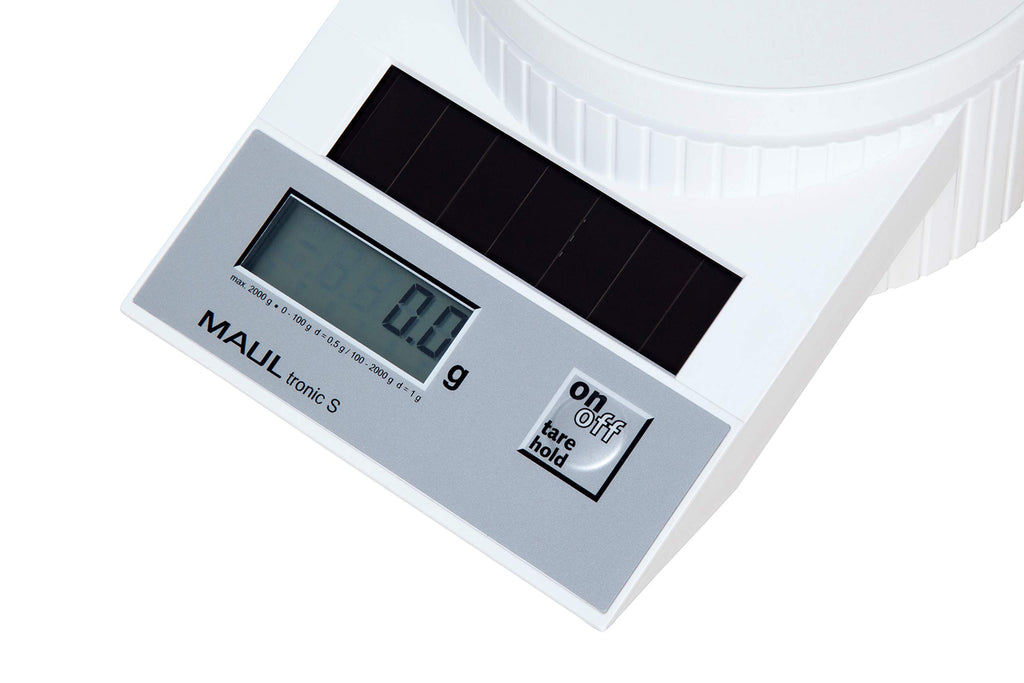 MAUL Briefwaage MAULtronic S 19,6x13x6,5 cm | Waage Solar bis 2kg belastbar | Moderne Küchenwaage mit 0,5 - 1g Teilung | Automatische Nullstellung und Abschaltautomatik | Weiß