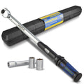 Goodyear Premium Drehmomentschlüssel, Einstellbar von 42 bis 210 Nm, Antrieb 1/2" Vierkant, inkl. Verlängerung und Stecknüsse 17 mm und 19 mm, Blau, Schwarz, Silber