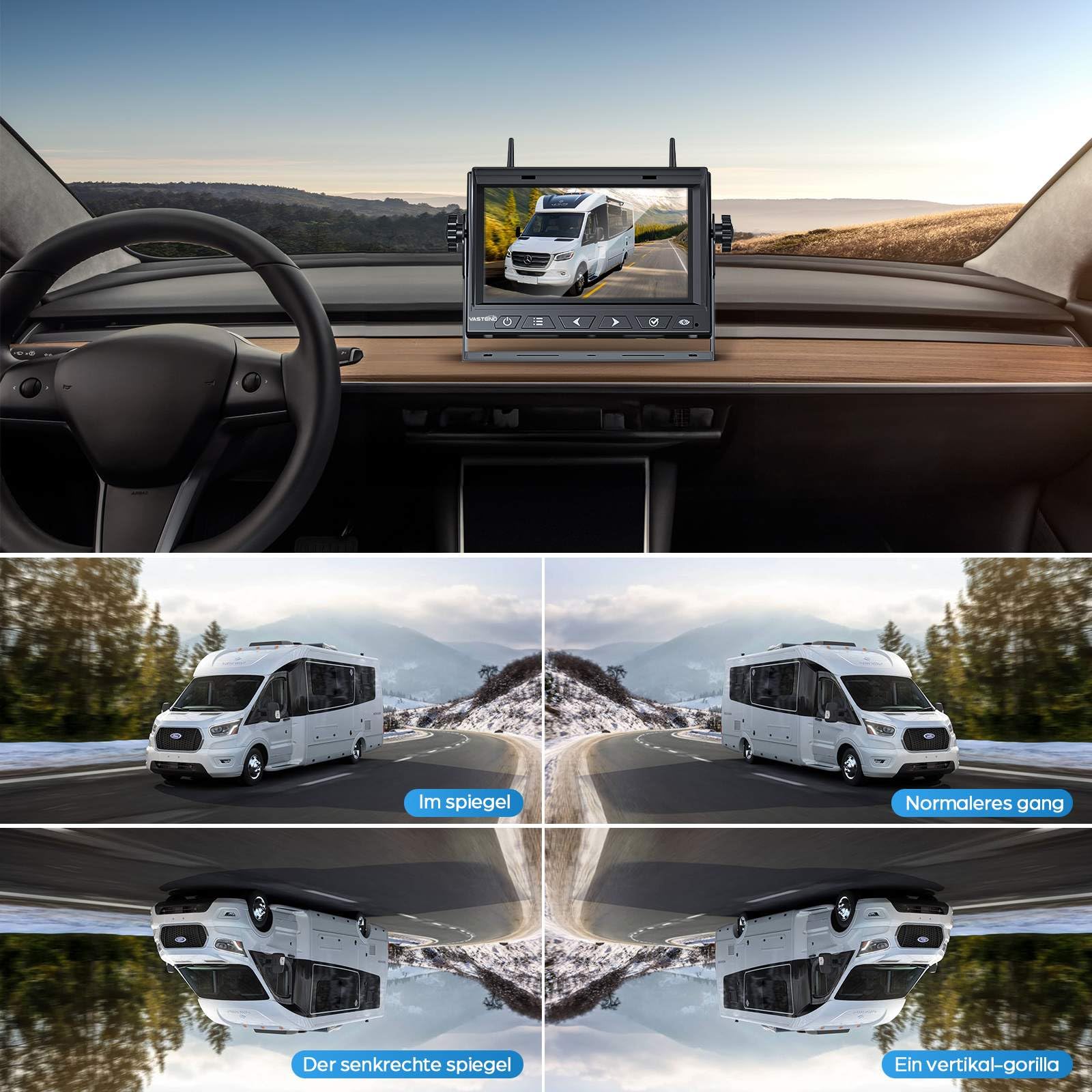 VASTEND Rückfahrkamera Kabellos Solar Magnetische Rückfahrkameras Funk mit 10000mAh Akku, 7" Drahtlose Rückfahrkamera, IP69 Wasserdichter, DIY Installation, für Wohnwagen, LKW, Auto, Wohnmobil (VS-7A)