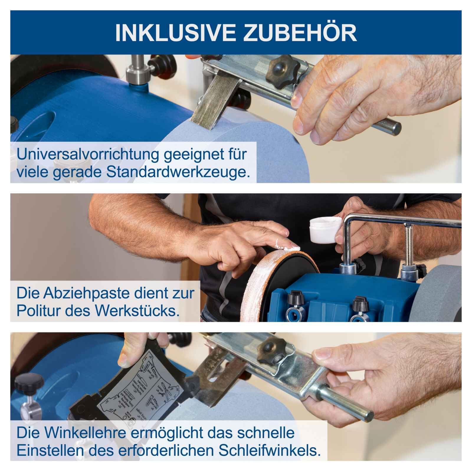 Scheppach Nass-Schleifsystem TIGER2500 mit Stahlgehäuse Nass-Schleifmaschine Nassschleifer | 200W Leistung | Schleifstein aus Edelkorund mit Ø250mm | inkl. Abziehpaste, Winkellehre, Schleifvorrichtung