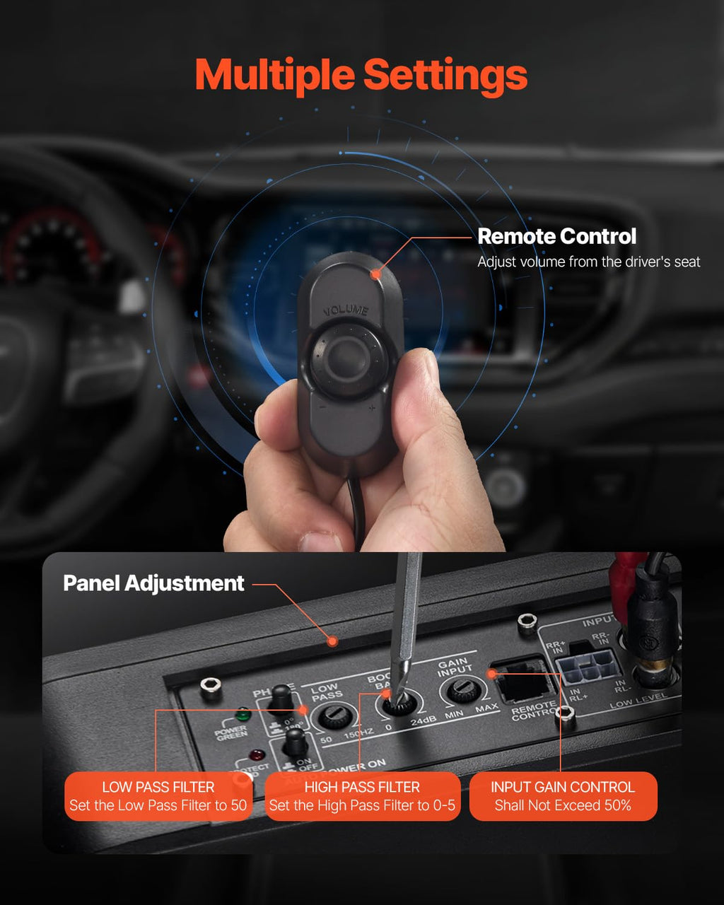 VEVOR Untersitz Auto Subwoofer 440 W 254 mm schlanker Auto Subwoofer unter dem Sitz Subsystem mit eingebautem Verstärker, Hoch-/Niedrigpegel-Eingang und Lautstärkeregler für SUVs Lkws