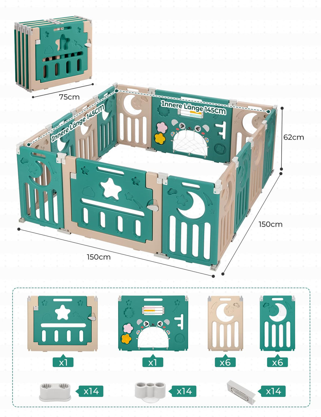 Dripex Laufstall Baby faltbar 150x150x62cm (14 Paneele) mit Spielboard, Laufgitter Baby, Kinderlaufstall & Babyzaun aus strapazierfähigem Plastik, Playpen für Innen & Außen, Braun