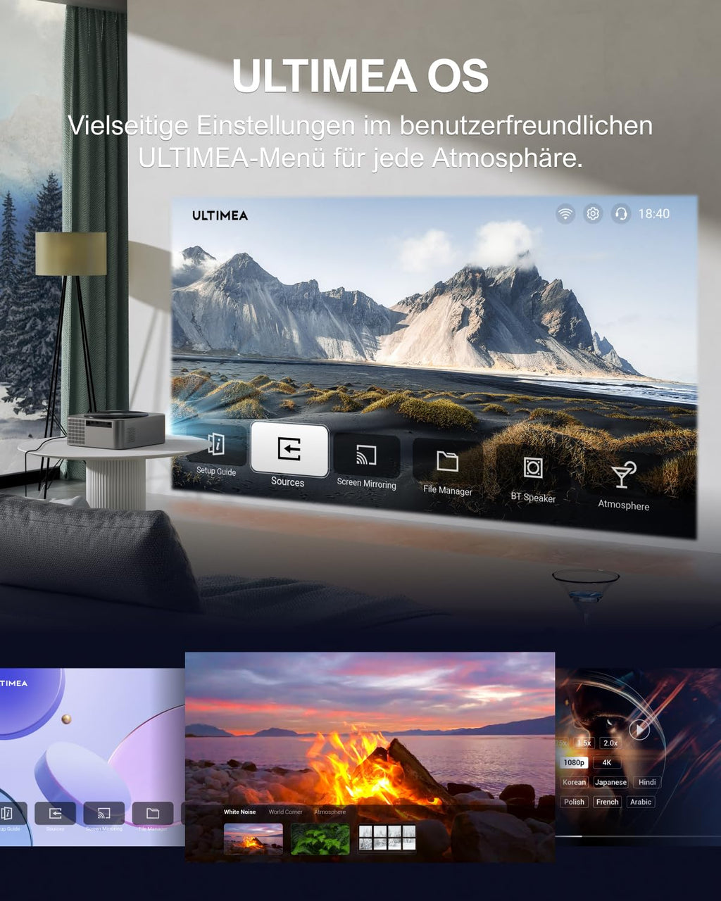 Ultimea Beamer Full HD 1080P Native mit Autofokus und 6D Trapezkorrektur, Beamer 4K Heimkino Unterstützt 700 ANSI 21000 Lumen, 5G WiFi Projektor Bluetooth, Outdoor Projektor für iOS/Android/TV Stick