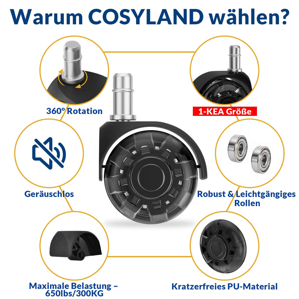 COSYLAND Bürostuhl Rollen 10mm x 22 mm - 5er Set Rollen für Bürostühle - Super Leise und Weiche für Hartböden, Parkett, Teppich, Laminat, Keine Bodenschutzmatte Nötig, Schwarz Doppelräder
