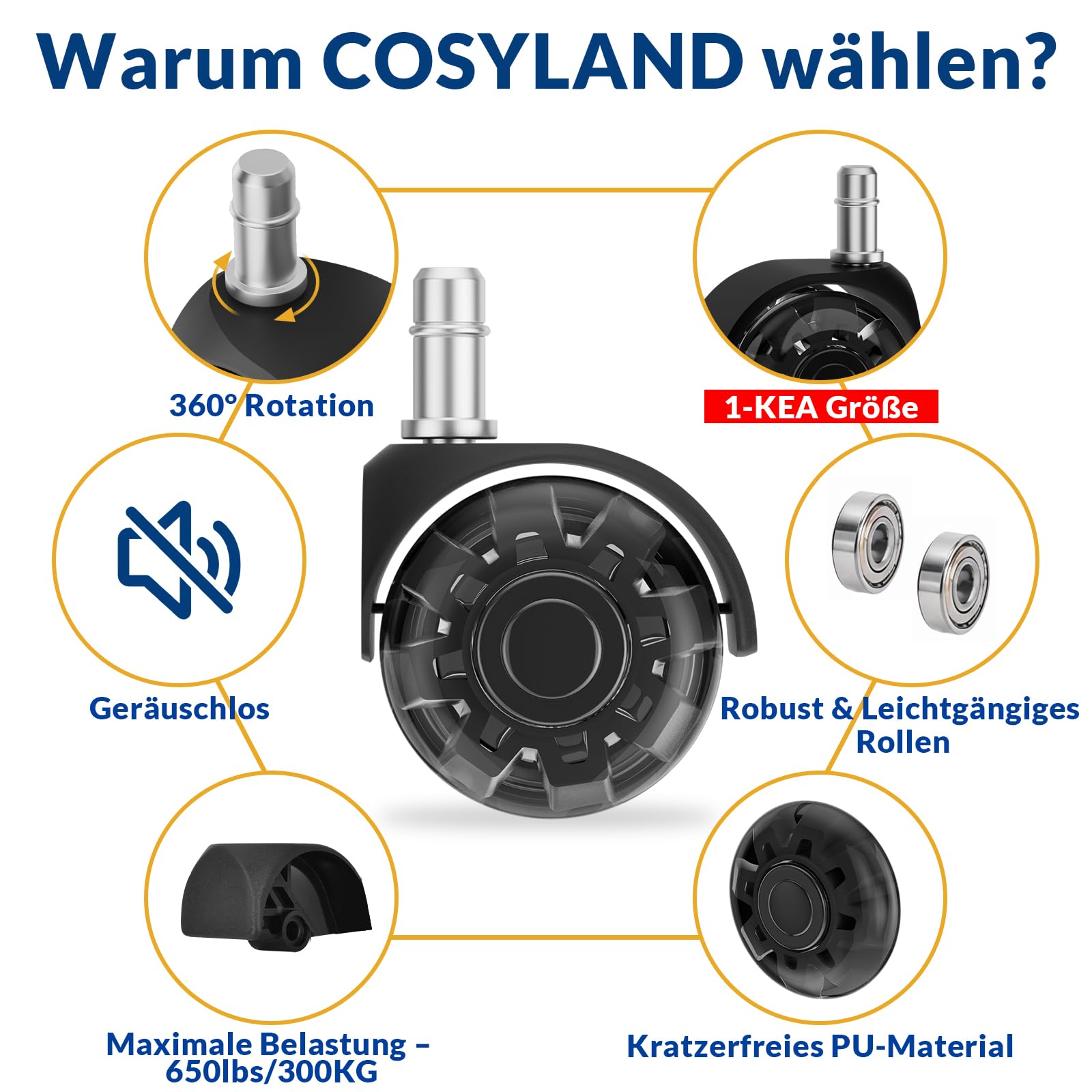 COSYLAND Bürostuhl Rollen 10mm x 22 mm - 5er Set Rollen für Bürostühle - Super Leise und Weiche für Hartböden, Parkett, Teppich, Laminat, Keine Bodenschutzmatte Nötig, Schwarz Doppelräder