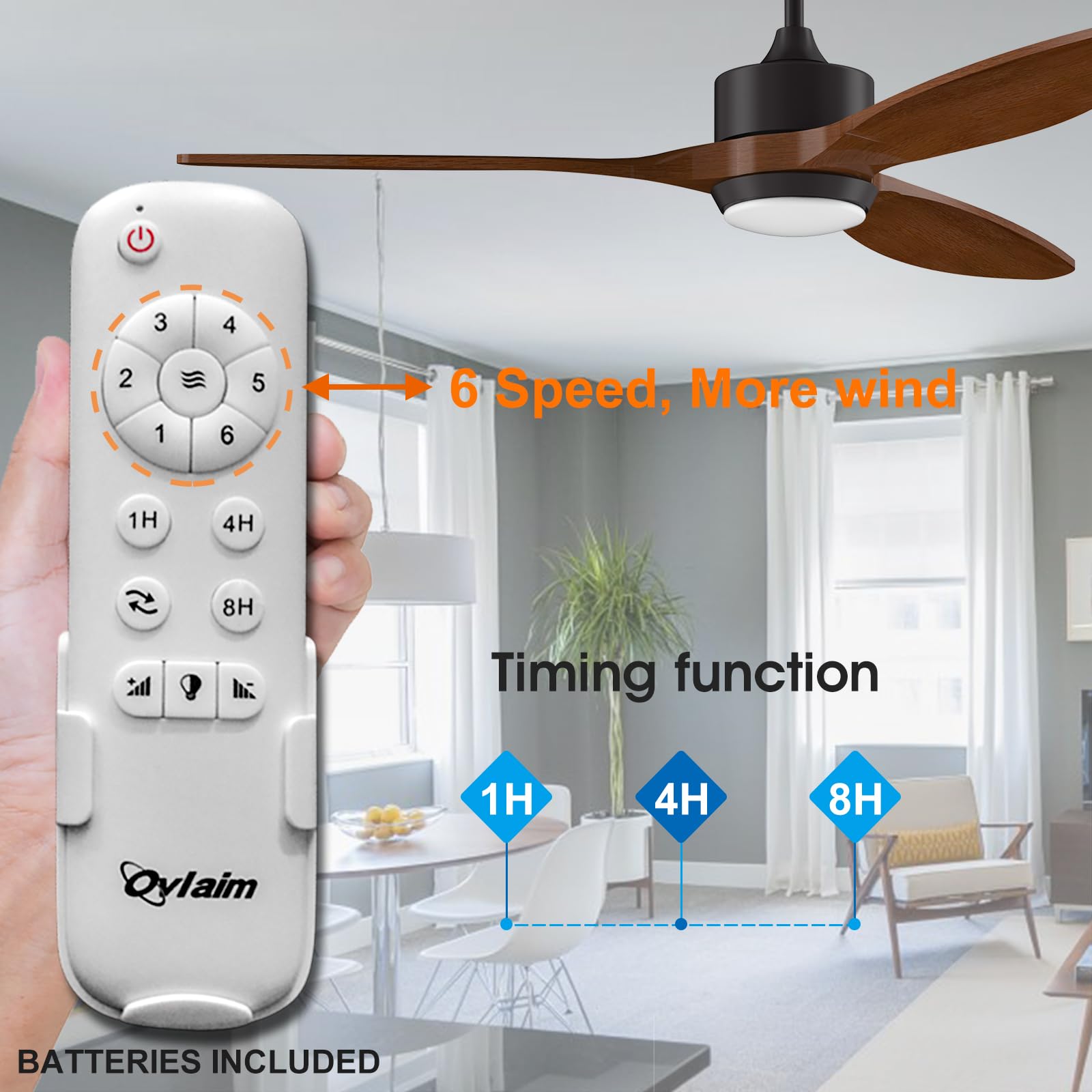 Ovlaim 132cm Walnuss Holz Deckenventilatoren mit Beleuchtung Fernbedienung, 3-Blatt-Propeller Smart Deckenventilator für Indoor Outdoor, hoher Luftstrom leiser DC-Motor