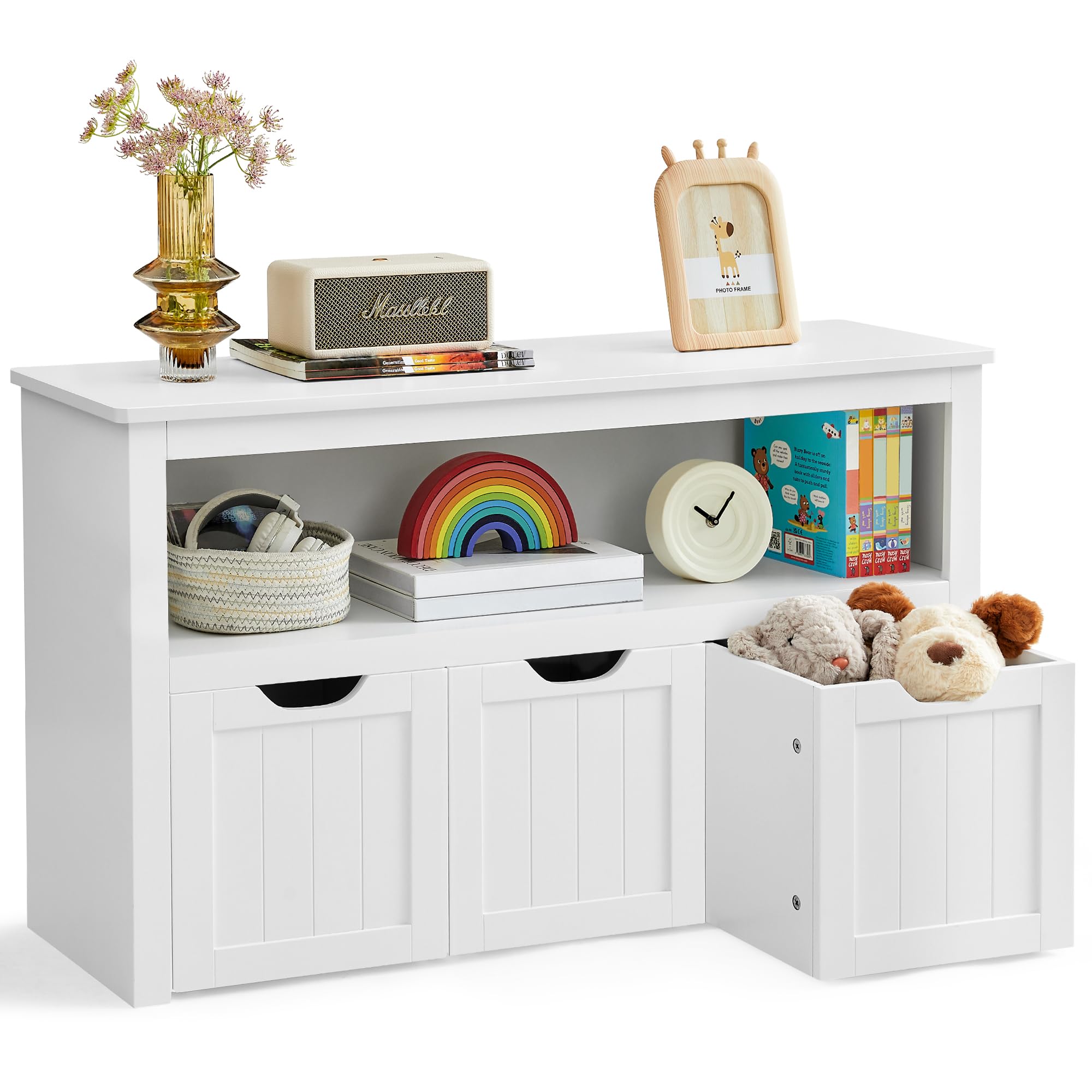 VASAGLE Kinderregal, Spielzeugaufbewahrung für Kinder, Aufbewahrungsschrank, Spielzeugschrank, Aufbewahrungsbox mit Rollen, Spielzeugregal, für Kinderzimmer, 30 x 102 x 60 cm, weiß LHS380W01