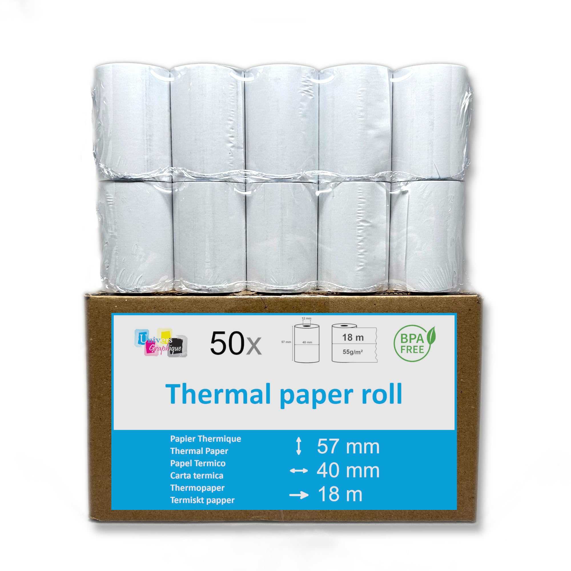 50 EC-Cash Thermorollen 57 x 40 x 12 für EC-Geräte mit Thermodrucker, Thermopapier EC-Cash Bonrolle, Bisphenol-A frei Ø40 mm