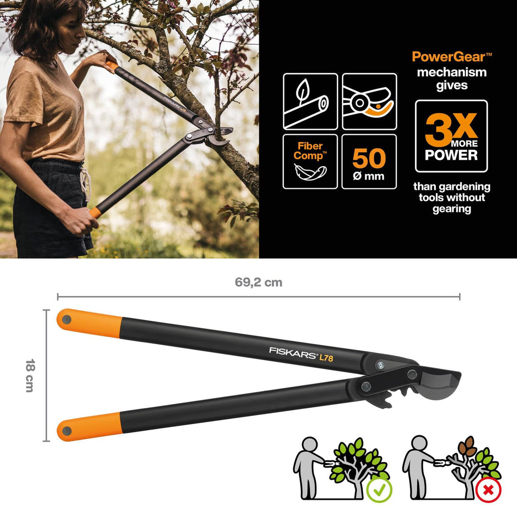 Fiskars PowerGear II Bypass-Getriebeastschere für frisches Holz, Antihaftbeschichtet, Gehärteter Präzisionsstahl, Länge: 70 cm, Schwarz/Orange, L78, 1000584