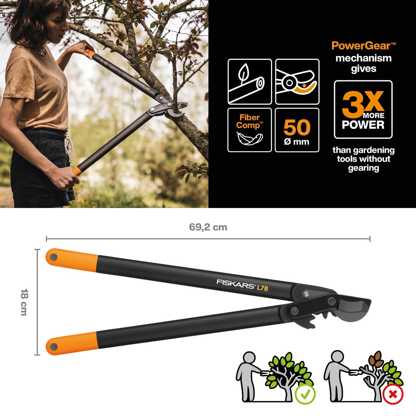 Fiskars PowerGear II Bypass-Getriebeastschere für frisches Holz, Antihaftbeschichtet, Gehärteter Präzisionsstahl, Länge: 70 cm, Schwarz/Orange, L78, 1000584