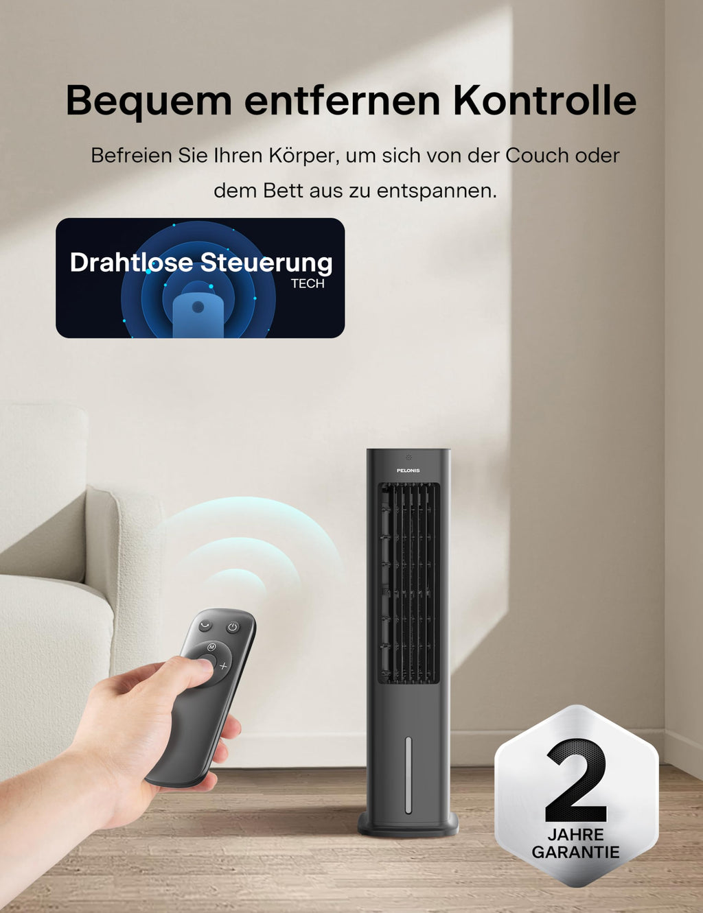 PELONIS 5L Verdunstungskühler mit Fernbedienung, 3-in-1 Tragbarer Luftkühler, Ventilator, Luftbefeuchter & Automatische Oszillation, 3 Stufen Timer 7H, 2 Kühlpads für Zuhause und Büro
