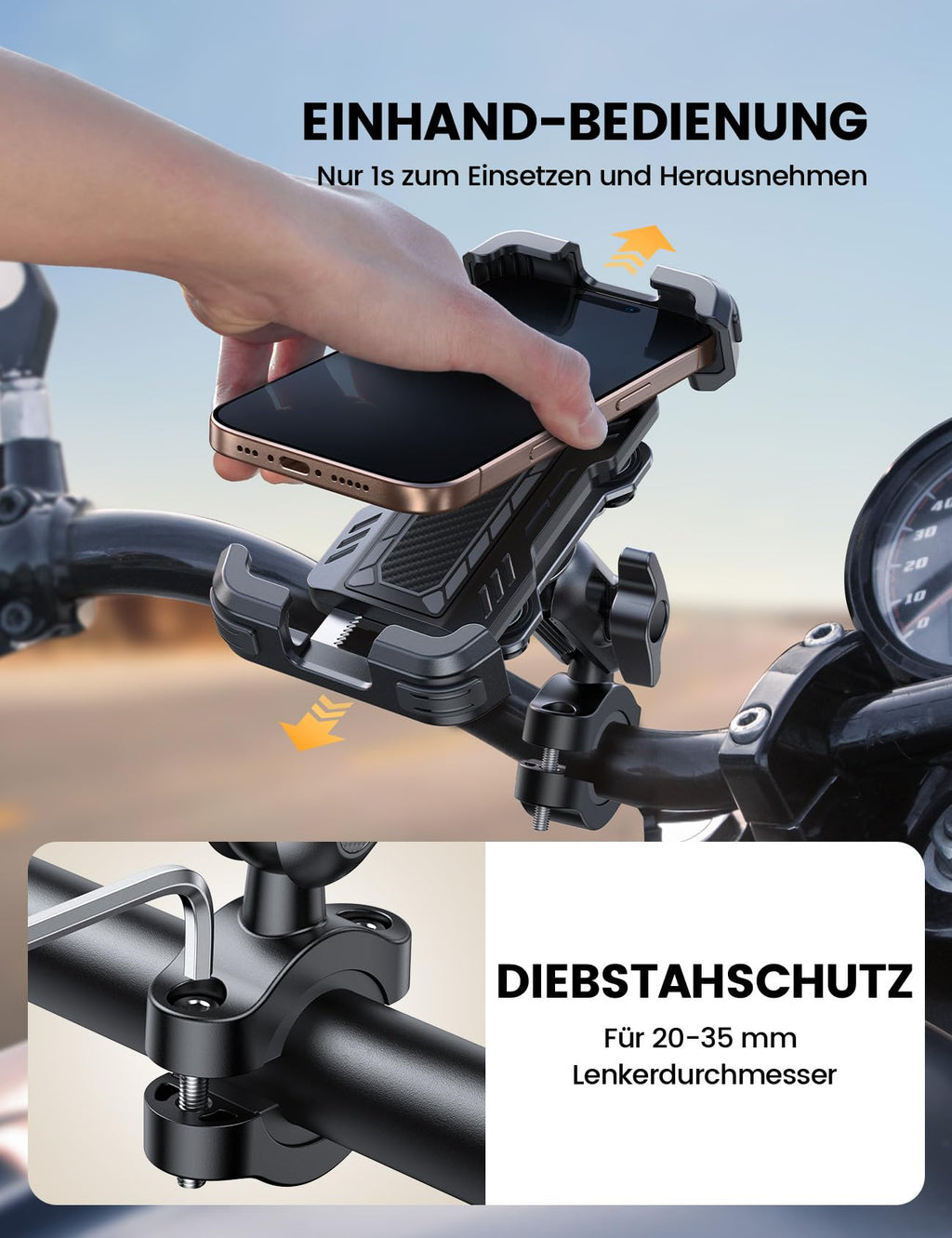 Lamicall Motorrad Handyhalterung Fahrrad Handyhalter - [720° Drehbarer Metall-Arm] Doppelte Vibrationsgedämpft Handy Halterung Motorrad, Diebstahlsicher Lenker Motorradhalterung für iPhone 17/16/15/14