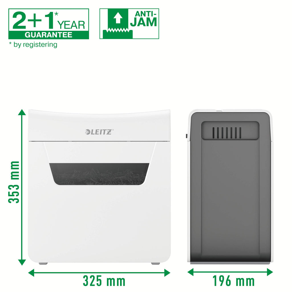 Leitz IQ 3M Premium Aktenvernichter P5, Mikroschnitt, 4-3 Blatt (70-80g/m²), Super leise, kompakt & sauber, TÜV+GS zertifiziert, 10L Behälter, für Büro & Home Office, Protect Serie, Weiß, 80930000